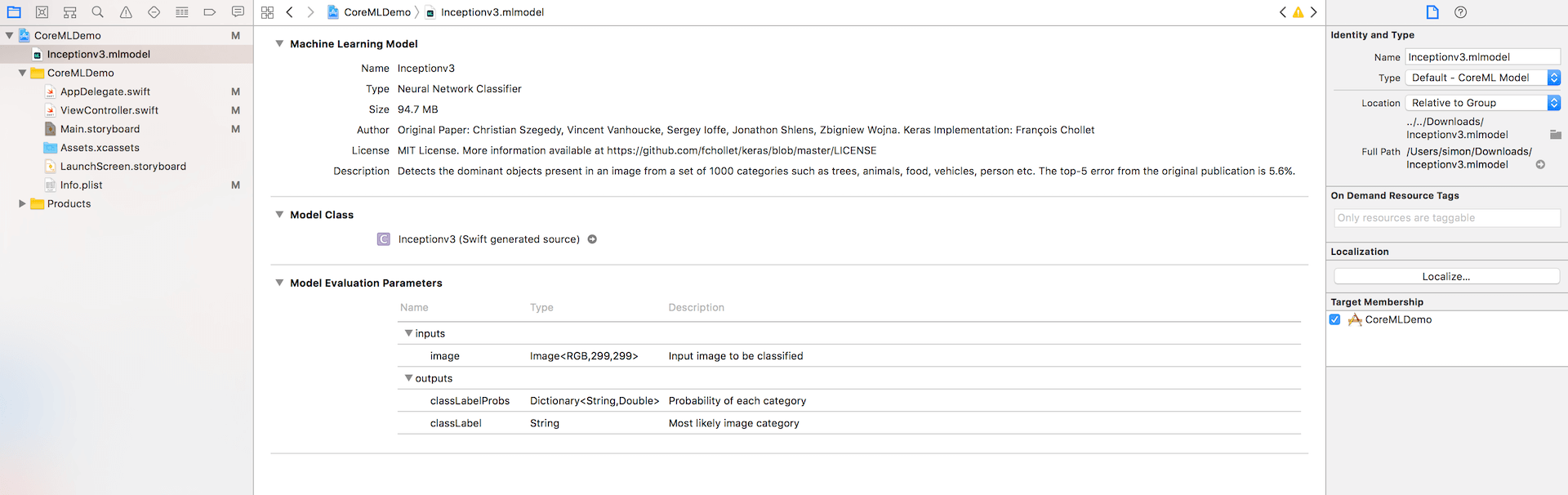 Core ML Inception v3 model