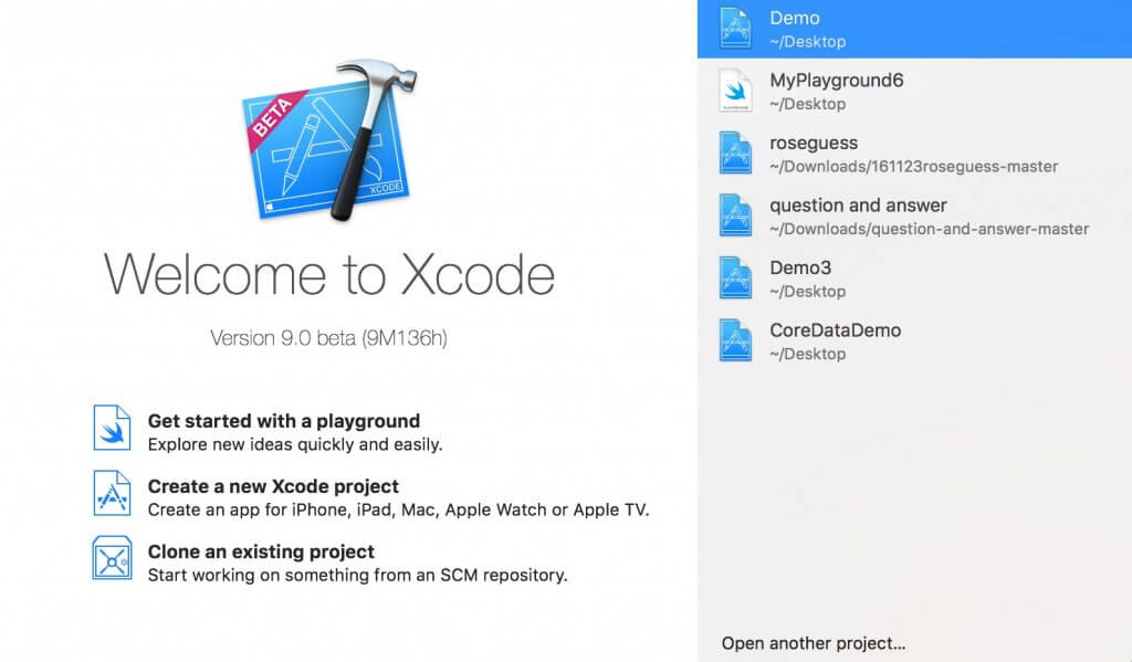 Xcode 9 Welcome Screen
