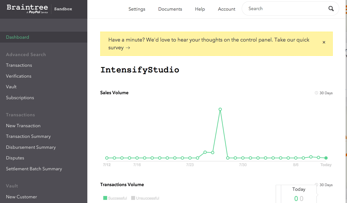Braintree dashboard