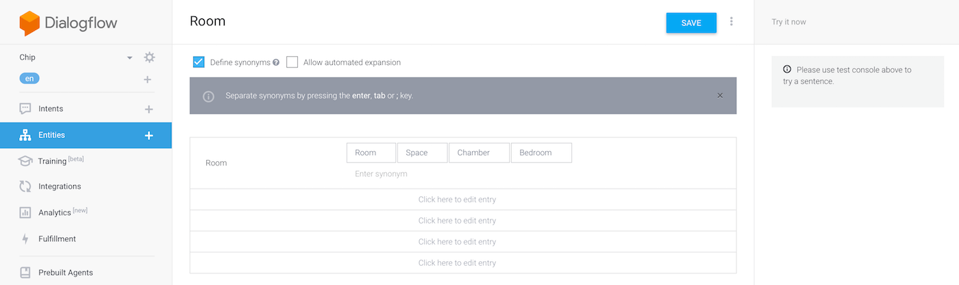 Dialogflow-entity-room