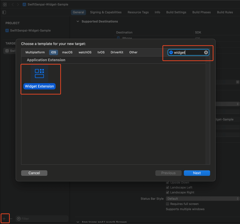 Adding widget extension target in Xcode