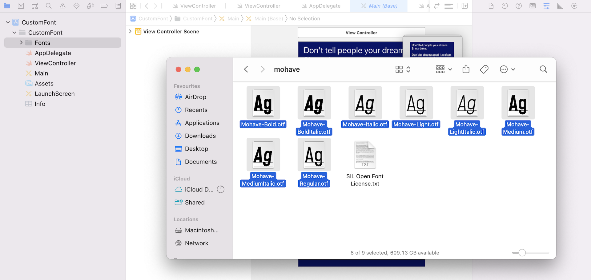 圖 16.1. 加入字型檔至 Xcode 專案