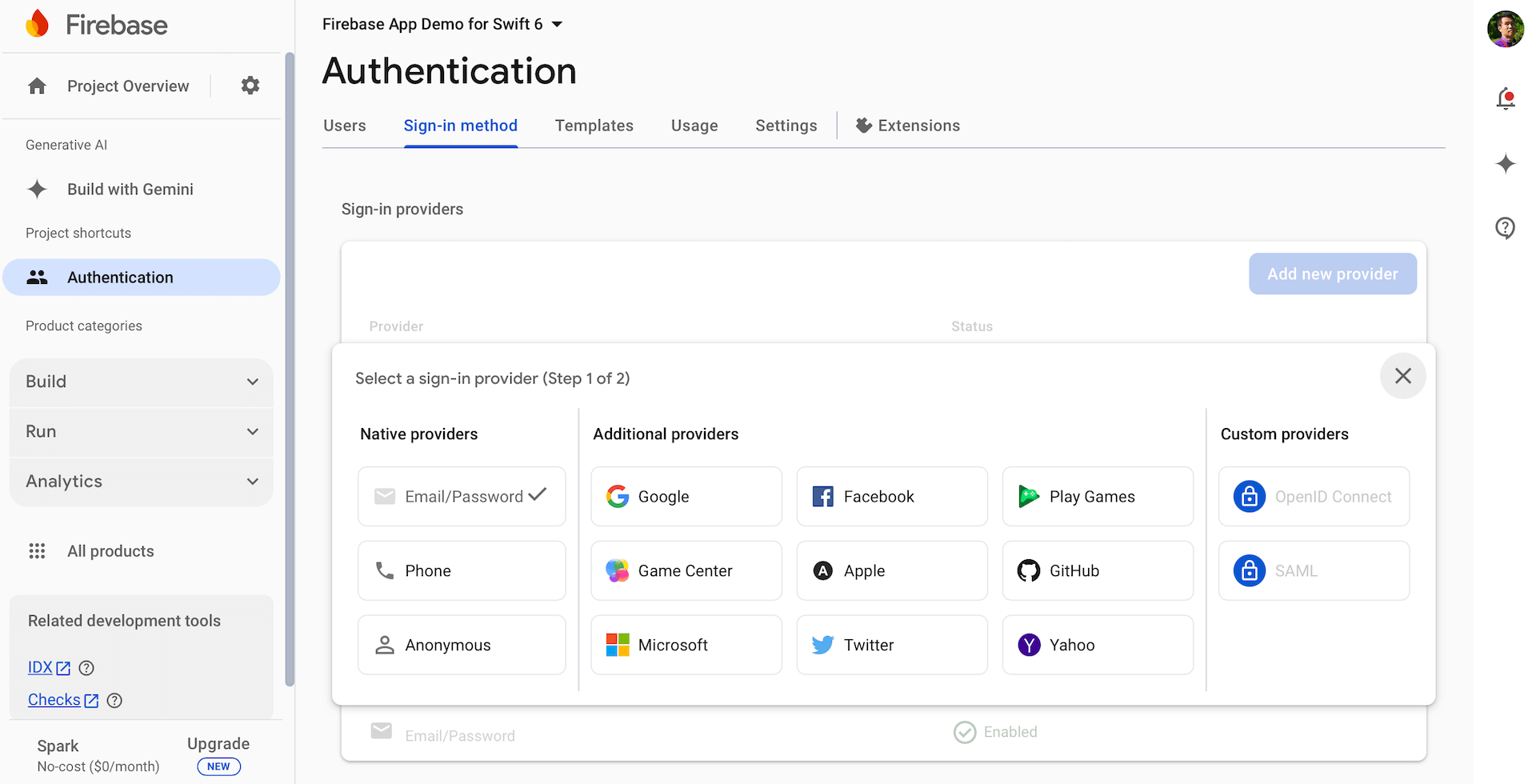 圖 38.1. Firebase 主控台可以讓你馬上 啟用/關閉一些登入方式