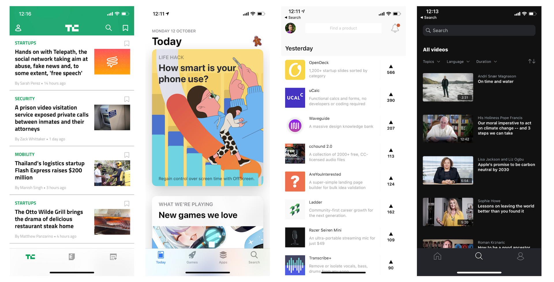圖 6.1. 清單視圖 App 範例(從左到右:Techcrunch、App Store、Product Hunt 與 TED))