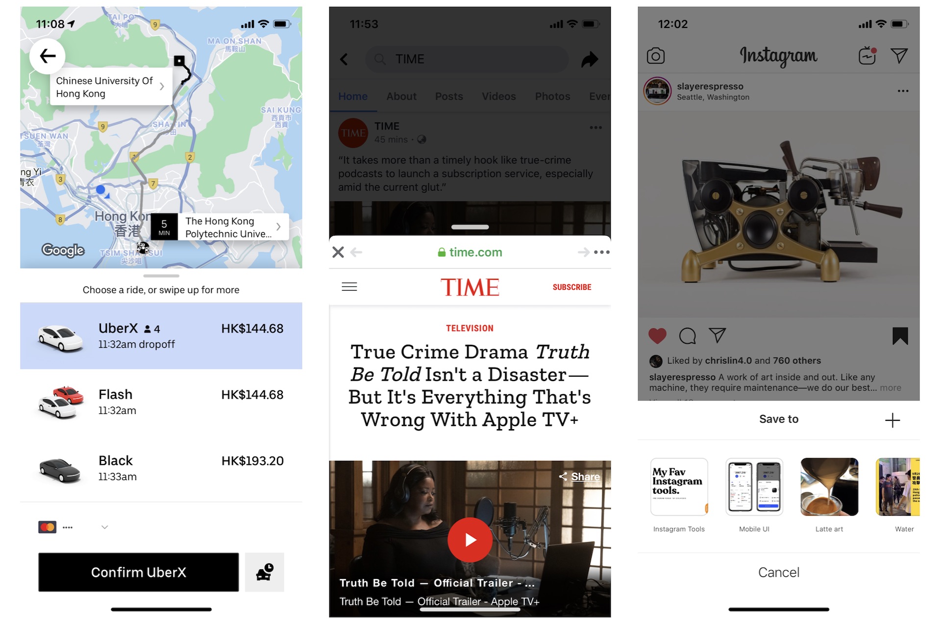 圖 18.1. Uber、Facebook 與Instagram 皆於App 中使用底部表