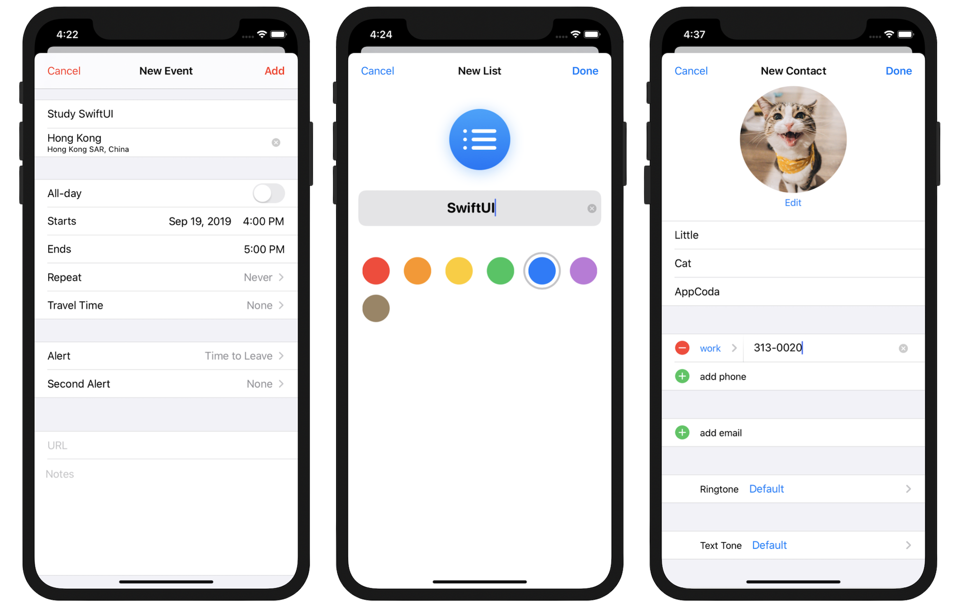 圖 12.1. 行事曆、提醒事項與聯絡人 App 的強制回應視圖範例