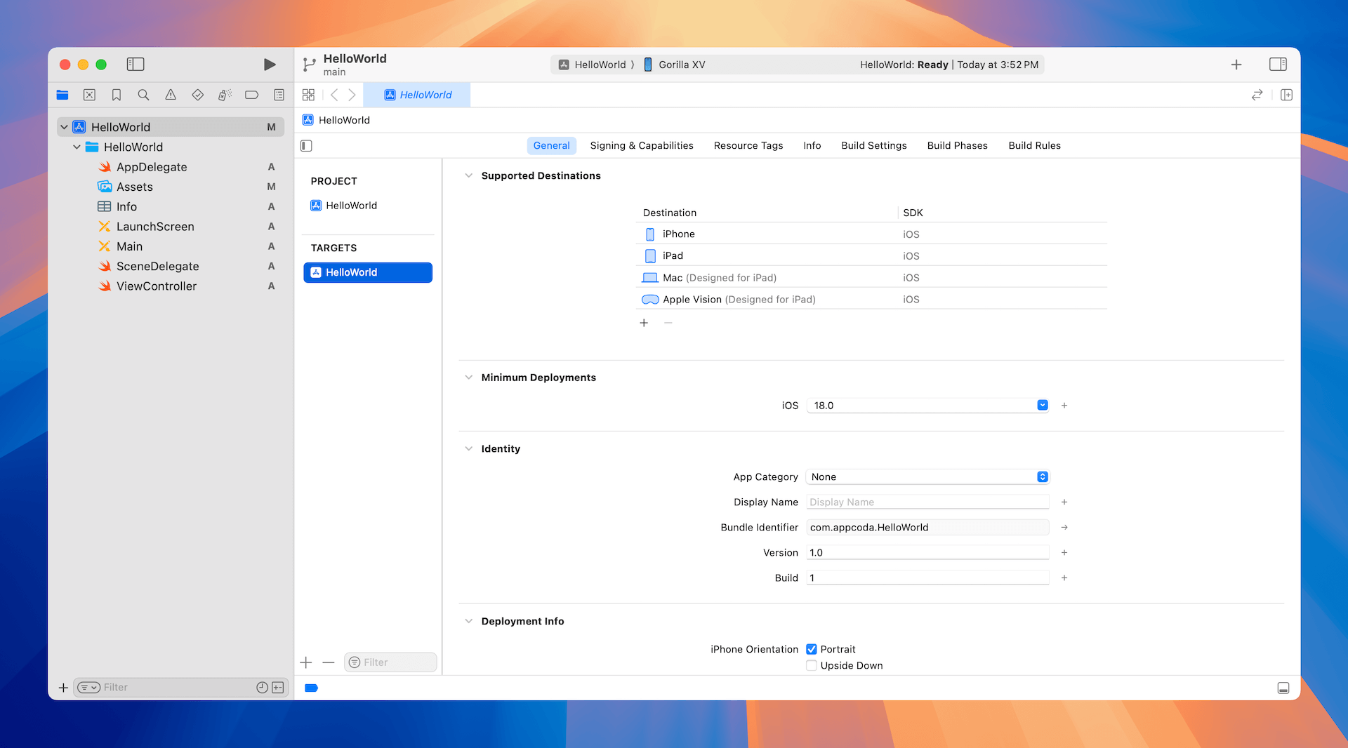 圖 3.7. HelloWorld 專案的Xcode 視窗畫面