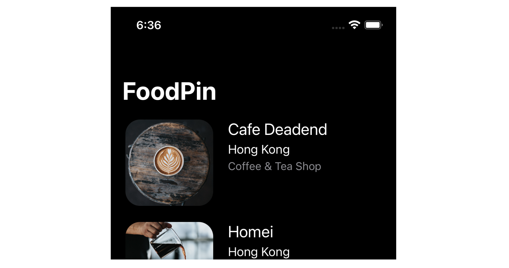 圖 13.1. 深色模式下加上一個導覽列的FoodPin App