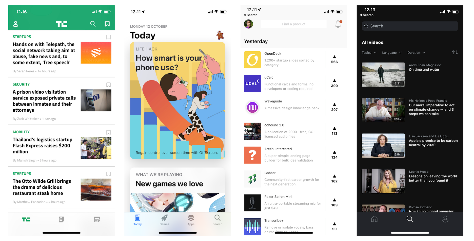 圖 8.1.　表格式 App 範例（從左到右：Techcrunch、App Store、Product Hunt 與 TED）)